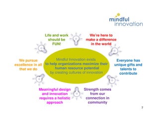 Life and work             We’re here to
                   should be              make a difference
                      FUN!                  in the world



  We pursue              Mindful Innovation exists         Everyone has
excellence in all to help organizations maximize their    unique gifts and
  that we do            human resource potential             talents to
                     by creating cultures of innovation      contribute



              Meaningful design         Strength comes
                and innovation              from our
              requires a holistic        connection in
                  approach                community
                                                                         7
 
