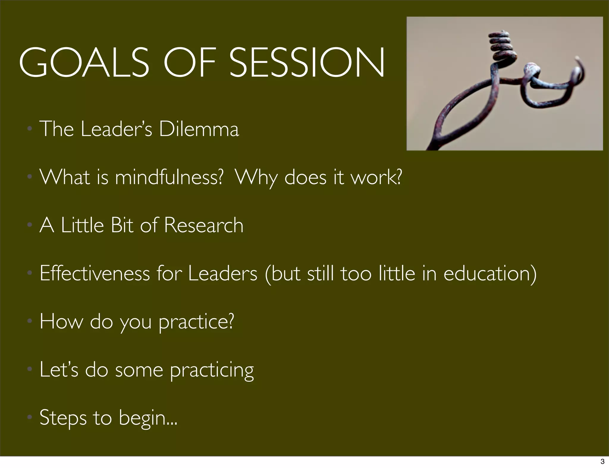 GOALS OF SESSION
• The Leader’s Dilemma
• What is mindfulness? Why does it work?
• A Little Bit of Research
• Effectiveness for Leaders (but still too little in education)
• How do you practice?
• Let’s do some practicing
• Steps to begin...
3
 