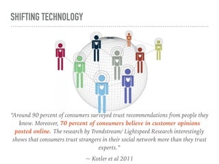SHIFTING TECHNOLOGY
“Around 90 percent of consumers surveyed trust recommendations from people they
know. Moreover, 70 percent of consumers believe in customer opinions
posted online. The research by Trendstream/ Lightspeed Research interestingly
shows that consumers trust strangers in their social network more than they trust
experts.”
~ Kotler et al 2011
 