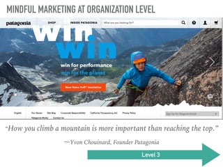MINDFUL MARKETING AT ORGANIZATION LEVEL
Level 3
“How you climb a mountain is more important than reaching the top.”
~Yvon Chouinard, Founder Patagonia
 