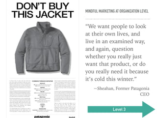 MINDFUL MARKETING AT ORGANIZATION LEVEL
“We want people to look
at their own lives, and
live in an examined way,
and again, question
whether you really just
want that product, or do
you really need it because
it’s cold this winter.”
~Sheahan, Former Patagonia
CEO
Level 3
 