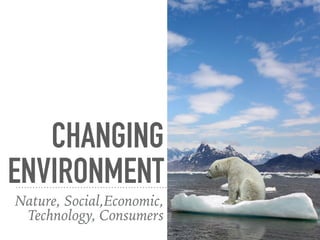 CHANGING
ENVIRONMENT
Nature, Social,Economic,
Technology, Consumers
 