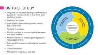  Programs can be created to align with the school
curriculum, values systems or as a stand-alone
key learning area.
 Breathing techniques
 Basic poses & exercises to promote healthy
bodies and mind.
 Restorative practices
 Mindful exercises to promote healthy hormones
and organ function
 Mindful exercises to promote good digestion &
reduce colds and flu
 Build a solid foundation for friendships, trust and
support.
 Guided Meditation
 Mindset and mindfulness activities
UNITS OF STUDY
 