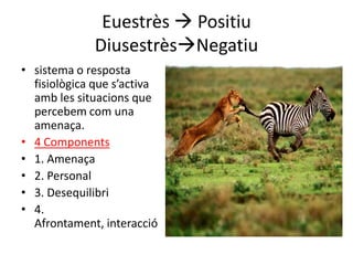 Euestrès  Positiu
              DiusestrèsNegatiu
• sistema o resposta
  fisiològica que s’activa
  amb les situacions que
  percebem com una
  amenaça.
• 4 Components
• 1. Amenaça
• 2. Personal
• 3. Desequilibri
• 4.
  Afrontament, interacció
 