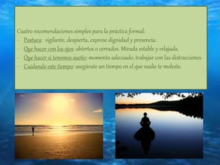 Cuatro recomendaciones simples para la práctica formal:
- Postura: vigilante, despierta, exprese dignidad y presencia.
- Que hacer con los ojos: abiertos o cerrados. Mirada estable y relajada.
- Que hacer si tenemos sueño: momento adecuado, trabajar con las distracciones.
- Cuidando este tiempo: asegúrate un tiempo en el que nadie te moleste.
 