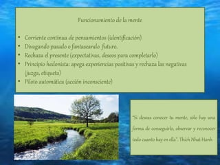 Funcionamiento de la mente
• Corriente continua de pensamientos (identificación)
• Divagando pasado o fantaseando futuro.
• Rechaza el presente (expectativas, deseos para completarlo)
• Principio hedonista: apega experiencias positivas y rechaza las negativas
(juzga, etiqueta)
• Piloto automática (acción inconsciente)
“Si deseas conocer tu mente, sólo hay una
forma de conseguirlo, observar y reconocer
todo cuanto hay en ella”. Thich Nhat Hanh
 