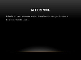 REFERENCIA
Labrador, F.(2008).Manual de técnicas de modificación y terapia de conducta.
Ediciones pirámide. Madrid.
 