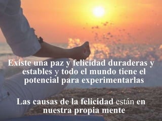 Existe una paz y felicidad duraderas y
estables y todo el mundo tiene el
potencial para experimentarlas
Las causas de la felicidad están en
nuestra propia mente
 