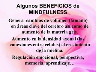 Algunos BENEFICIOS de
MINDFULNESS
Genera cambios de volumen (tamaño)
en áreas clave del cerebro así como de
aumento de la materia gris.
Aumento en la densidad axonal (las
conexiones entre células) el crecimiento
de la mielina.
Regulación emocional, perspectiva,
memoria, aprendizaje…
 