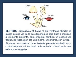 SENTIDOS: disponibles 24 horas al día, ventanas abiertas al
placer, es otra vía de la que disponemos para traer la atención
al momento presente, para encontrar también un espacio de
tregua, de reconexión con una misma, uno mismo, con la vida.
El placer nos conecta con el instante presente sacándonos o
contrarrestando la intensidad de la actividad mental en la que
estemos sumergidos.
 