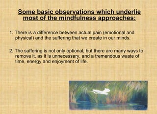 1. There is a difference between actual pain (emotional and physical) and the suffering that we create in our minds. 2. The suffering is not only optional, but there are many ways to remove it, as it is unnecessary, and a tremendous waste of time, energy and enjoyment of life. Some basic observations which underlie most of the mindfulness approaches: 