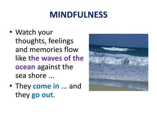 MINDFULNESSMINDFULNESS (sati) literally means “memory” ... Remembering ...Distraction = forgettingRemember what ispresentRemember to staypresent at all times.Recollectin the present what has happened before.