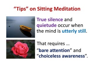SITTING MEDITATIONAlways be prepared to attend to any “secondary objects of meditation” (egthoughts, bodily sensations, pain sensations) if, and as and when, they arise.