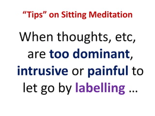 SITTING MEDITATIONLabelling…Say, interiorly, the word of that being experiencedOnly label objects or processes if they are predominant                     … cont’d