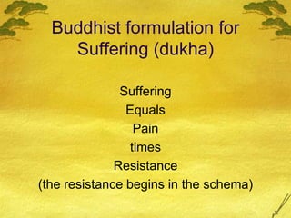 Buddhist formulation for
Suffering (dukha)
Suffering
Equals
Pain
times
Resistance
(the resistance begins in the schema)
 