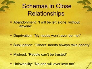 Schemas in Close
Relationships
 Abandonment: “I will be left alone, without
anyone”
 Deprivation: “My needs won’t ever be met”
 Subjugation: “Others’ needs always take priority”
 Mistrust: “People can’t be trusted”
 Unlovability: “No one will ever love me”
 