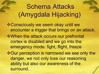 Schema Attacks
(Amygdala Hijacking)
Consciously we seem okay until we
encounter a trigger that brings on an attack.
When the attack occurs our prefrontal
cortex is disabled and we go into the
emergency mode: fight, flight, freeze
Our perception is narrowed we see only the
danger, we not only lose our reasoning
ability but also our awareness of the
surround.
 