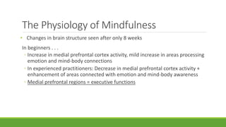 The Physiology of Mindfulness
• Changes in brain structure seen after only 8 weeks
In beginners . . .
◦ Increase in medial prefrontal cortex activity, mild increase in areas processing
emotion and mind-body connections
◦ In experienced practitioners: Decrease in medial prefrontal cortex activity +
enhancement of areas connected with emotion and mind-body awareness
◦ Medial prefrontal regions = executive functions
 