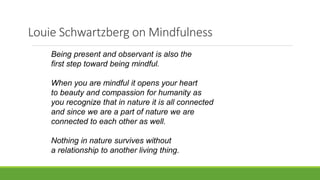 Louie Schwartzberg on Mindfulness
Being present and observant is also the
first step toward being mindful.
When you are mindful it opens your heart
to beauty and compassion for humanity as
you recognize that in nature it is all connected
and since we are a part of nature we are
connected to each other as well.
Nothing in nature survives without
a relationship to another living thing.
 