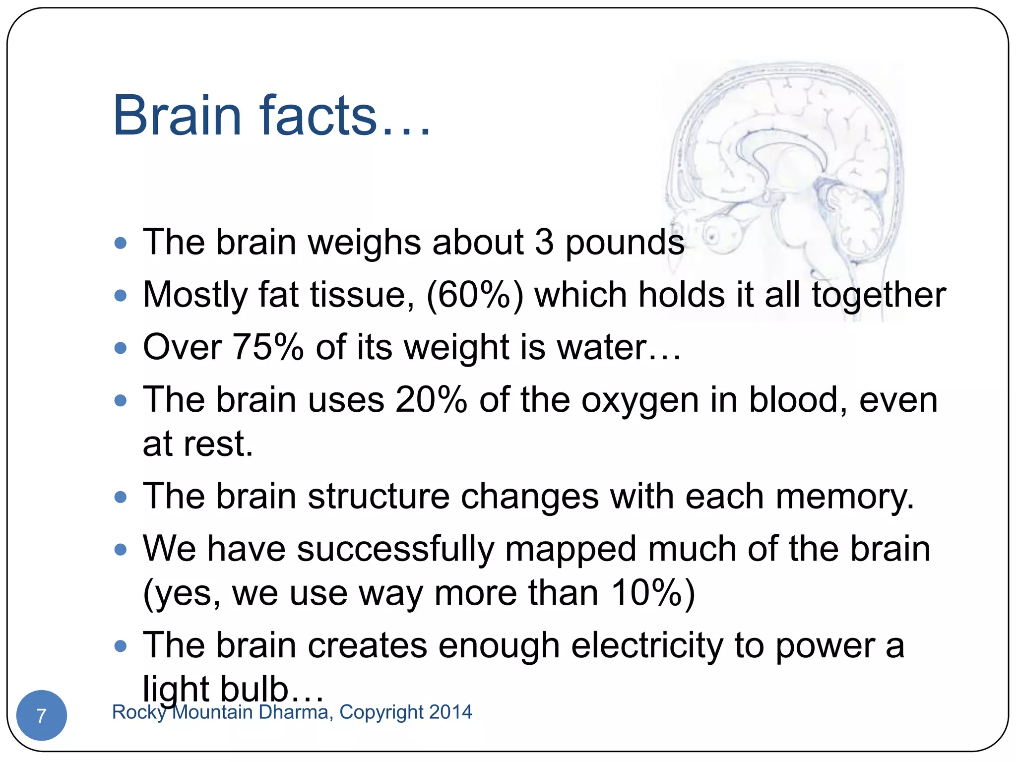 Brain facts…
 The brain weighs about 3 pounds
 Mostly fat tissue, (60%) which holds it all together
 Over 75% of its weight is water…
 The brain uses 20% of the oxygen in blood, even

7

at rest.
 The brain structure changes with each memory.
 We have successfully mapped much of the brain
(yes, we use way more than 10%)
 The brain creates enough electricity to power a
light bulb…
Rocky Mountain Dharma, Copyright 2014

 