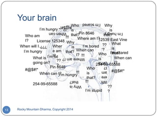 Your brain
I‟m scared

Who
Why
I‟m hungry
is
is
Pin 8646
…
that?
that?
Who am
!!!
Where am I?
12539 East Vine
I?
License 125348 Why
?? What
When will I…
Wher
I‟m bored …
is
is
?
e am that? When can
I‟m hungry
that?
Who I‟m scared
I? !!!
I?
What is I‟m fat
When can
is
??
going on?
I?
that?
254-99-65588
?
Pin 8646
Who
#@$#!*
#@$#!*
!!!
is
When can I? hungry
I‟m
… that?
!!!
254-99-65588
??
I‟m stupid ?
I‟m hungry

When can
I?
#@$#!*

???

Where am I?
Why is
that?

Rocky Mountain Dharma, Copyright 2014

Wh
ere
am
I?

13

 