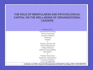 THE ROLE OF MINDFULNESS AND PSYCHOLOGICAL 
CAPITAL ON THE WELL-BEING OF ORGANIZATIONAL 
LEADERS 
DR MAREE ROCHE 
Organizational Psychology 
School of Psychology 
University of Waikato 
Private Bag 
Hamilton 
& 
Professor Jarrod M. Haar 
School of Management 
College of Business 
Massey University (Albany) 
New Zealand 
& 
Professor Fred Luthans 
Department of Management 
University of Nebraska 
Lincoln, NE 68588-0491 
see Roche et al (2014) Journal of Occupational and Health Psychology. DOI: 10.103/a0037183 
 