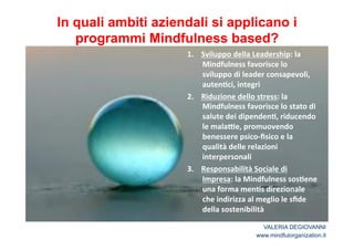 In quali ambiti aziendali si applicano i 
programmi Mindfulness based? 
1. Sviluppo*della*Leadership:*la* 
Mindfulness*favorisce*lo* 
sviluppo*di*leader*consapevoli,* 
auten2ci,*integri* 
2. Riduzione*dello*stress:*la* 
Mindfulness*favorisce*lo*stato*di* 
salute*dei*dipenden2,*riducendo* 
le*malaCe,*promuovendo* 
benessere*psicoJfisico*e*la* 
qualità*delle*relazioni* 
interpersonali* 
3. Responsabilità*Sociale*di* 
Impresa:*la*Mindfulness*sos2ene* 
una*forma*men2s*direzionale* 
che*indirizza*al*meglio*le*sfide* 
della*sostenibilità 
VALERIA DEGIOVANNI 
www.mindfulorganization.it 
 