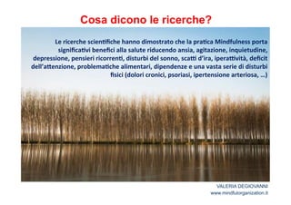 Cosa dicono le ricerche? 
Le*ricerche*scien2fiche*hanno*dimostrato*che*la*pra2ca*Mindfulness*porta* 
significa2vi*benefici*alla*salute*riducendo*ansia,*agitazione,*inquietudine,* 
depressione,*pensieri*ricorren2,*disturbi*del*sonno,*scaC*d’ira,*iperaCvità,*deficit* 
dell’a<enzione,*problema2che*alimentari,*dipendenze*e*una*vasta*serie*di*disturbi* 
fisici*(dolori*cronici,*psoriasi,*ipertensione*arteriosa,*…)* 
* 
VALERIA DEGIOVANNI 
www.mindfulorganization.it 
 