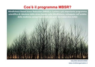 Cos’è il programma MBSR? 
Mindfulness*Based*Stress*Reduc2on*(MBSR)*è*il*primo*e*più*importante*programma* 
scien2fico*di*riduzione*dello*stress*basato*sulla*Mindfulness,*sviluppato*nell’ambito* 
della*medicina*comportamentale*dal*prof.*Jon*KabatJZinn*(USA)* 
* 
VALERIA DEGIOVANNI 
www.mindfulorganization.it 
 