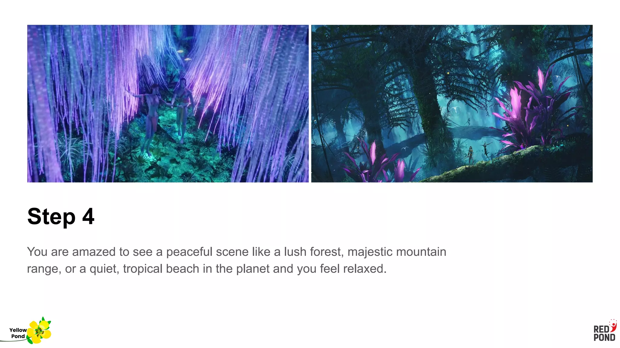 Step 4
You are amazed to see a peaceful scene like a lush forest, majestic mountain
range, or a quiet, tropical beach in the planet and you feel relaxed.
Yellow
Pond
 