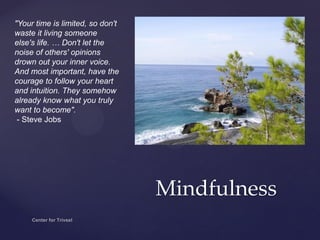 Mindfulness
"Your time is limited, so don't
waste it living someone
else's life. … Don't let the
noise of others' opinions
drown out your inner voice.
And most important, have the
courage to follow your heart
and intuition. They somehow
already know what you truly
want to become".
- Steve Jobs
 