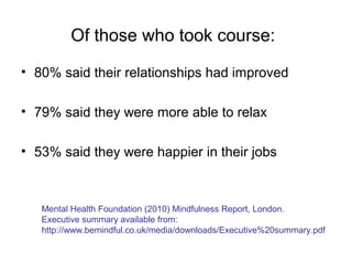 Of those who took course:
• 80% said their relationships had improved

• 79% said they were more able to relax

• 53% said they were happier in their jobs



   Mental Health Foundation (2010) Mindfulness Report, London.
   Executive summary available from:
   http://www.bemindful.co.uk/media/downloads/Executive%20summary.pdf
 