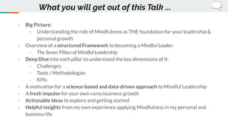 - Big Picture:
- Understanding the role of Mindfulness as THE foundation for your leadership &
personal growth
- Overview ...