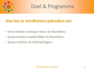 Doel & Programma
Hoe kun je mindfulness gebruiken om:
• met minder energie meer te bereiken;
• jouw doelen makkelijker te bereiken;
• jouw relaties te bekrachtigen.

Mindfulness in Bedrijf

2

 