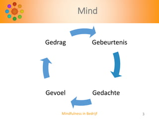 Mind
Gedrag

Gebeurtenis

Gevoel

Gedachte

Mindfulness in Bedrijf

3

 