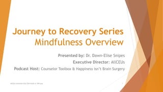 Journey to Recovery Series
Mindfulness Overview
Presented by: Dr. Dawn-Elise Snipes
Executive Director: AllCEUs
Podcast Host: Counselor Toolbox & Happiness isn’t Brain Surgery
AllCEUs Unlimited CEUs $59/month or $99/year 1
 