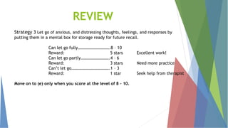 REVIEW
Strategy 3 Let go of anxious, and distressing thoughts, feelings, and responses by
putting them in a mental box for storage ready for future recall.
Can let go fully………………………….8 – 10
Reward: 5 stars Excellent work!
Can let go partly……………………….4 – 6
Reward: 3 stars Need more practice
Can’t let go……………………………….1 – 3
Reward: 1 star Seek help from therapist
Move on to (e) only when you score at the level of 8 – 10.
 
