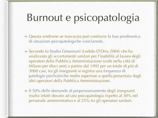 Burnout e psicopatologia
Questa sindrome se trascurata può costituire la fase prodromica
di situazioni psicopatologiche co...