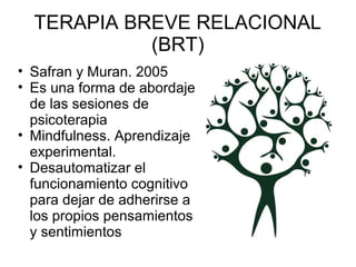 TERAPIA BREVE RELACIONAL
(BRT)
• Safran y Muran. 2005
• Es una forma de abordaje
de las sesiones de
psicoterapia
• Mindfulness. Aprendizaje
experimental.
• Desautomatizar el
funcionamiento cognitivo
para dejar de adherirse a
los propios pensamientos
y sentimientos
 