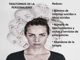 Reduce:
• Número de
intentos suicidas e
ideas suicidas
• Número de
internamientos y
visitas a servicios de
emergencias
• Abandono de la
terapia
TRASTORNOS DE LA
PERSONALIDAD
 