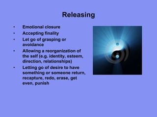 Releasing
• Emotional closure
• Accepting finality
• Let go of grasping or
avoidance
• Allowing a reorganization of
the self (e.g. identity, esteem,
direction, relationships)
• Letting go of desire to have
something or someone return,
recapture, redo, erase, get
even, punish
 
