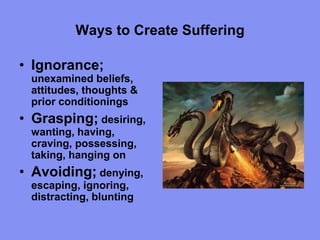 Ways to Create Suffering
• Ignorance;
unexamined beliefs,
attitudes, thoughts &
prior conditionings
• Grasping; desiring,
wanting, having,
craving, possessing,
taking, hanging on
• Avoiding; denying,
escaping, ignoring,
distracting, blunting
 