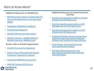 32
Want to Know More?
Additional Resources on Mindfulness
• Mindfulness for Teachers: Simple Skills for
Peace and Producti...