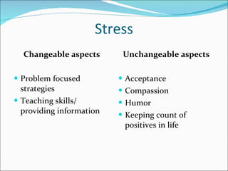 Stress <ul><li>Changeable aspects </li></ul><ul><li>Problem focused strategies </li></ul><ul><li>Teaching skills/ providin...