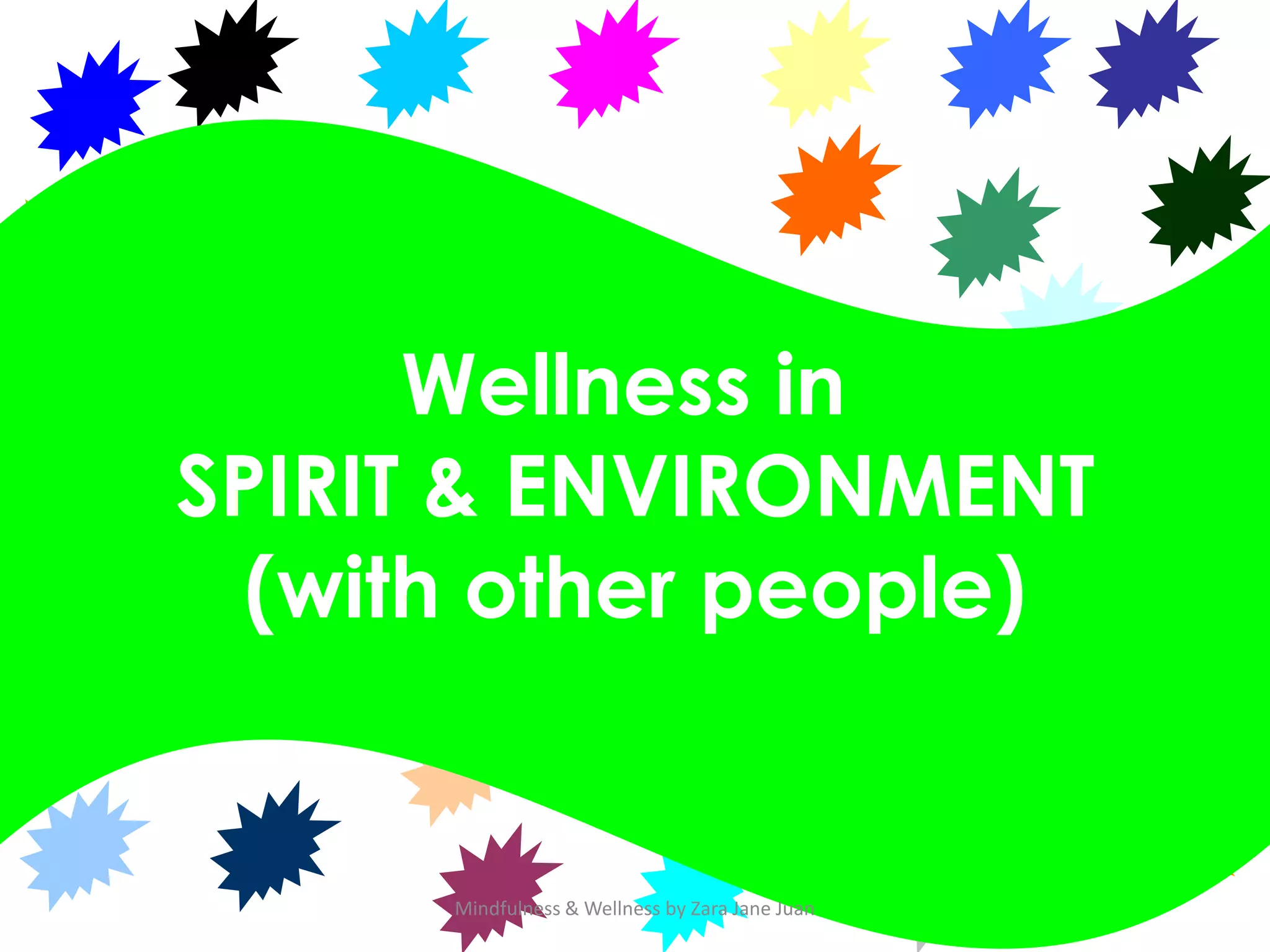 Wellness in
SPIRIT & ENVIRONMENT
  (with other people)


      Mindfulness & Wellness by Zara Jane Juan
 