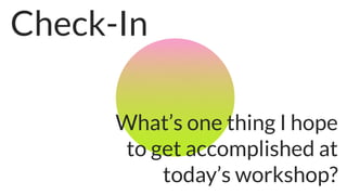 Check-In
What’s one thing I hope
to get accomplished at
today’s workshop?
 