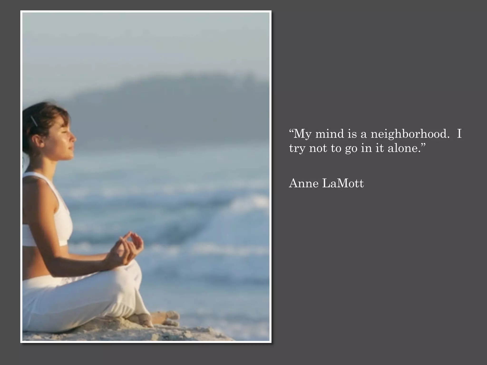 “My mind is a neighborhood. I
try not to go in it alone.”
Anne LaMott
 