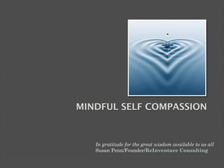 MINDFUL SELF COMPASSION
In gratitude for the great wisdom available to us all
Susan Penn/Founder/ReInventure Consulting
 