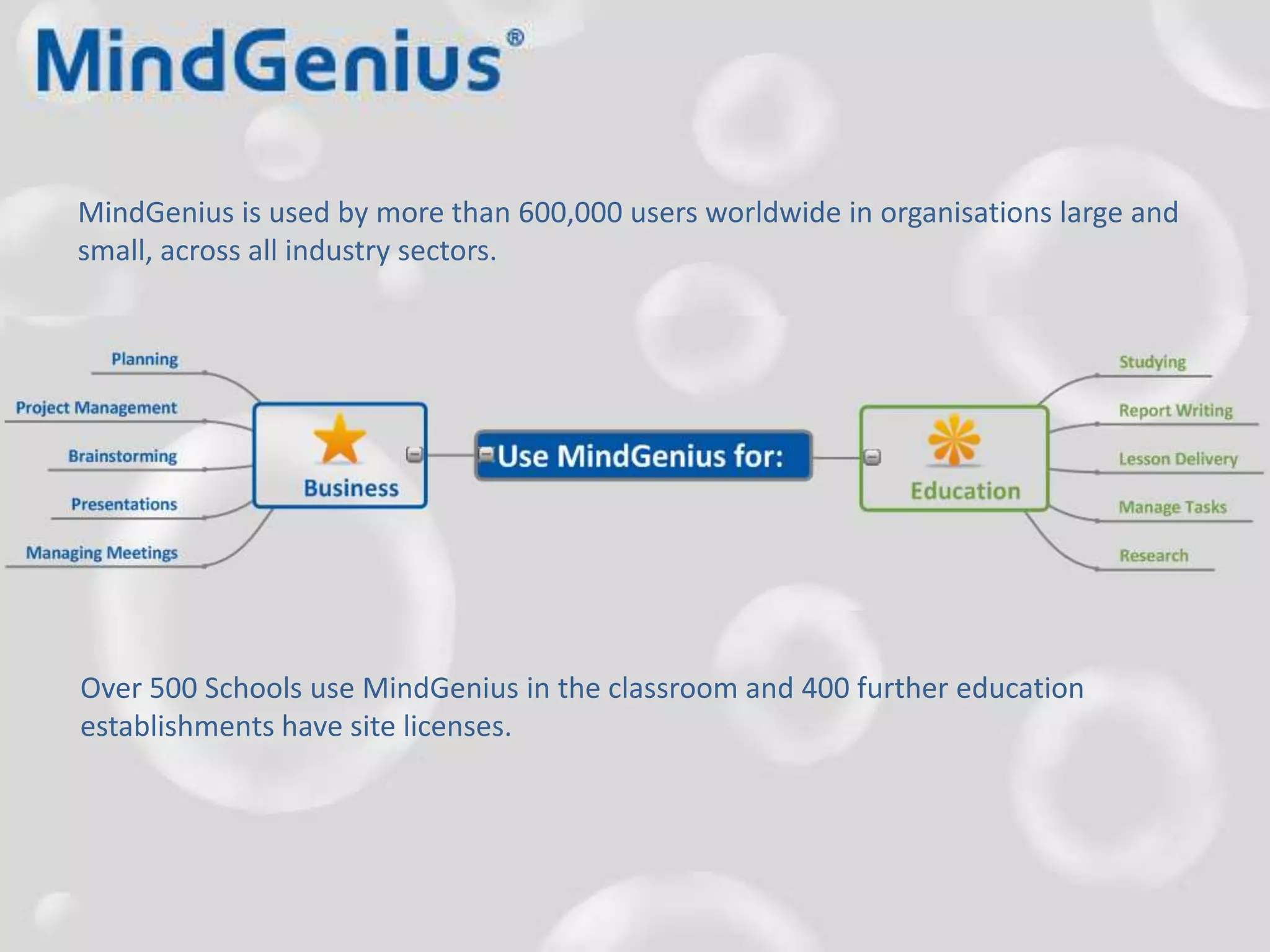 MindGenius is used by more than 600,000 users worldwide in organisations large and small, across all industry sectors.Over 500 Schools use MindGenius in the classroom and 400 further education establishments have site licenses.