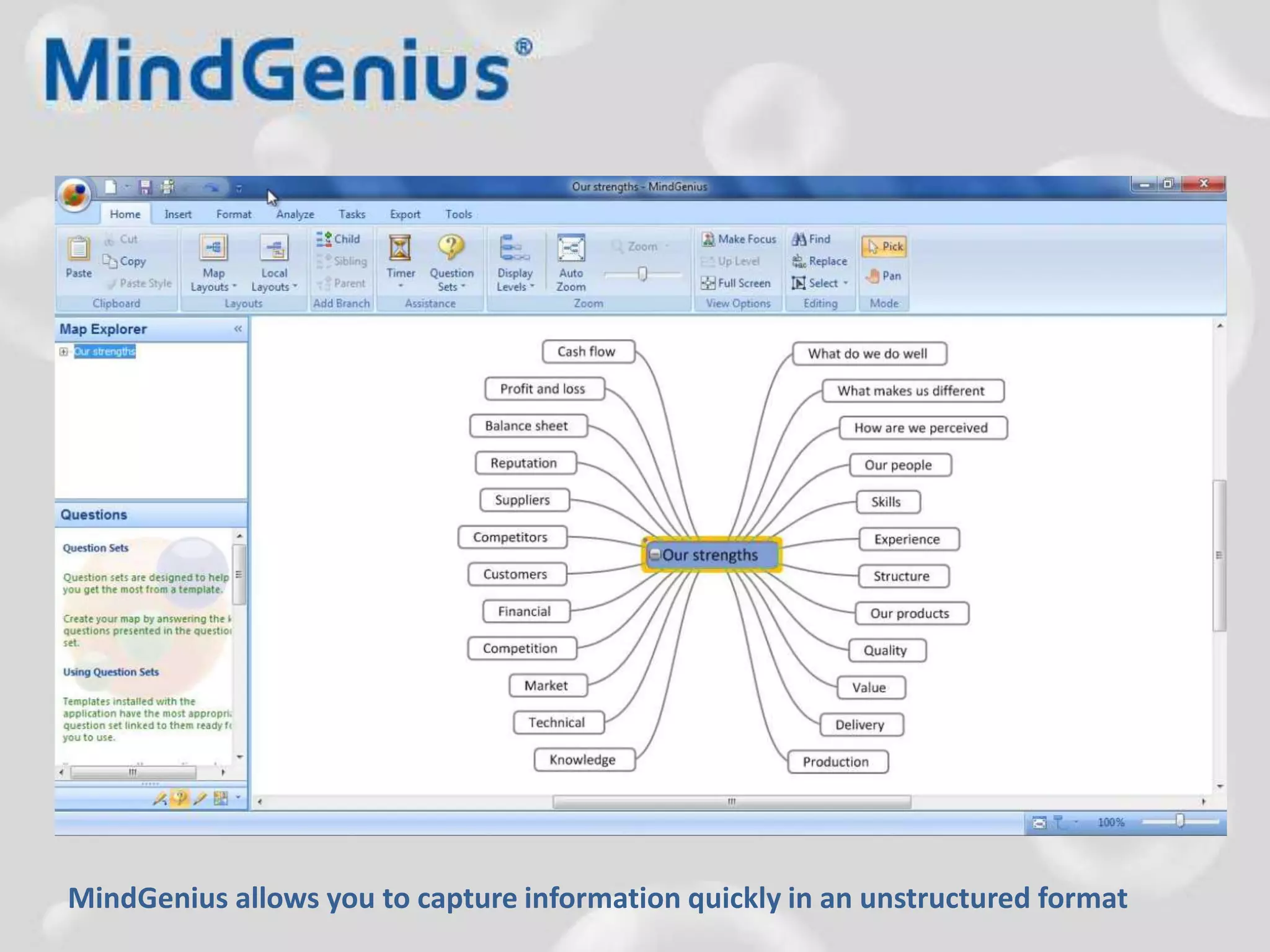 MindGenius allows you to capture information quickly in an unstructured format